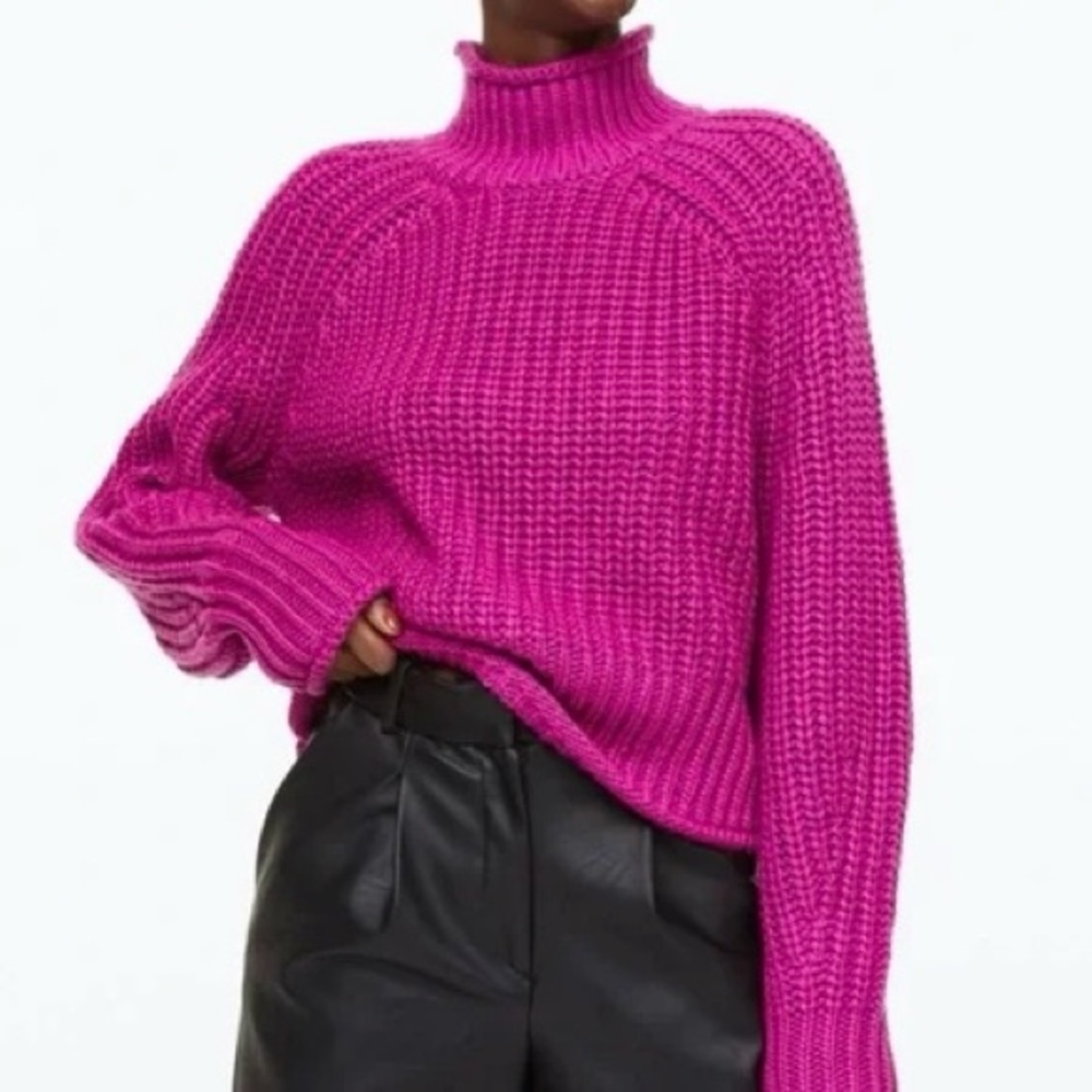 H&M Chunky Knit Turtleneck Sweater - Fuchsia / Magenta